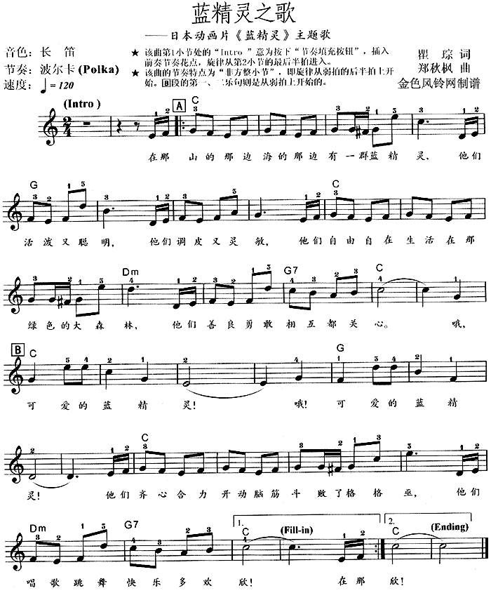 蓝精灵之歌(《蓝精灵》主题歌)电子琴曲谱（图1）