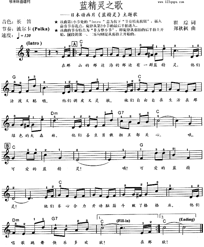 蓝精灵之歌(《蓝精灵》主题歌)电子琴曲谱（图1）