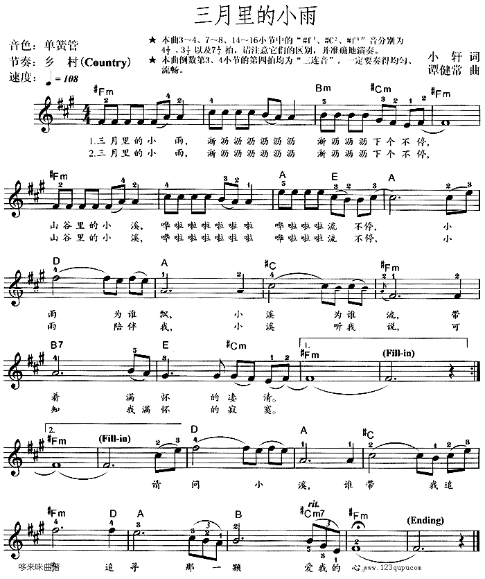 三月里的小雨电子琴曲谱（图1）