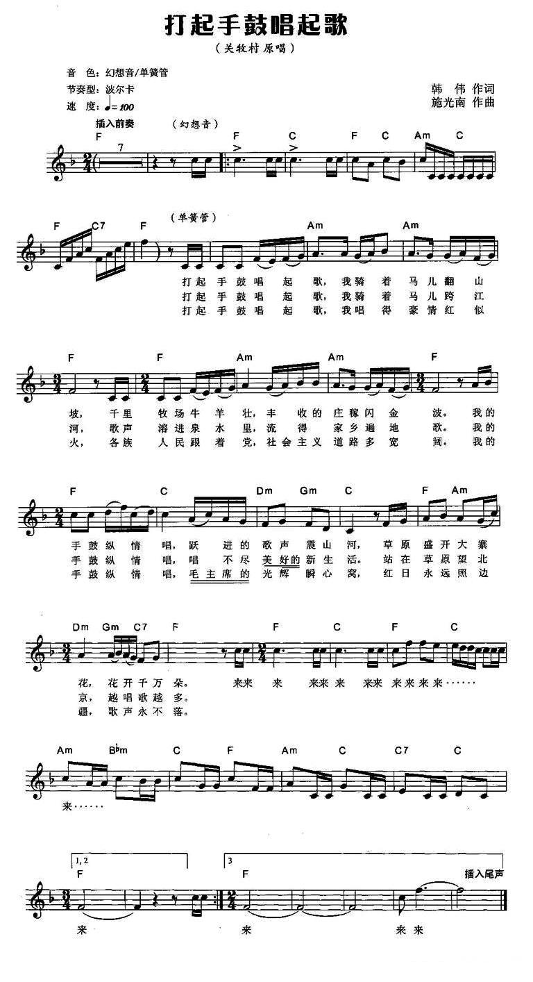 打起手鼓唱起歌（弹唱谱）电子琴曲谱（图1）