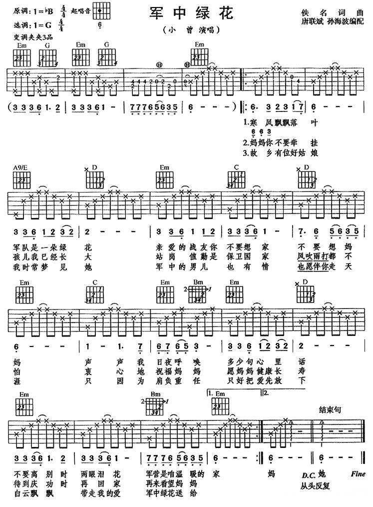 军中绿花电子琴曲谱（图1）