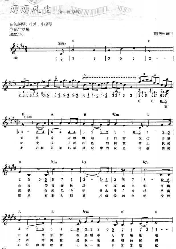 恋恋风尘(简线弹唱)1电子琴曲谱（图1）