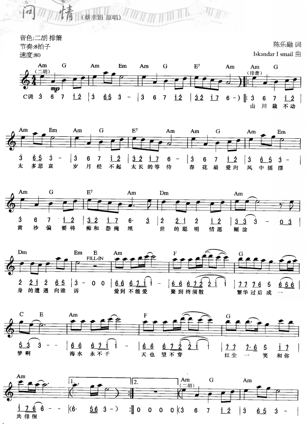 问情(简线弹唱)1电子琴曲谱（图1）