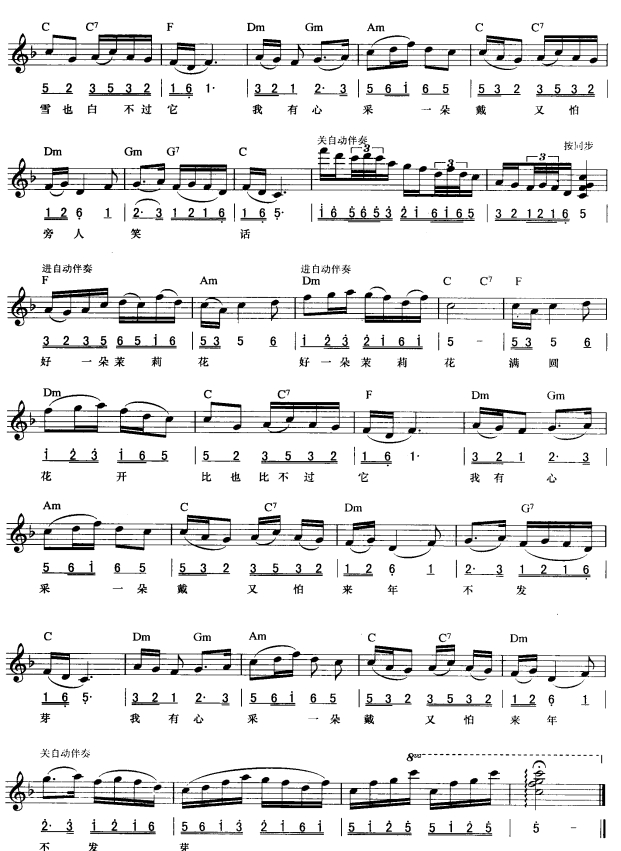 茉莉花(简线弹唱)2电子琴曲谱（图1）