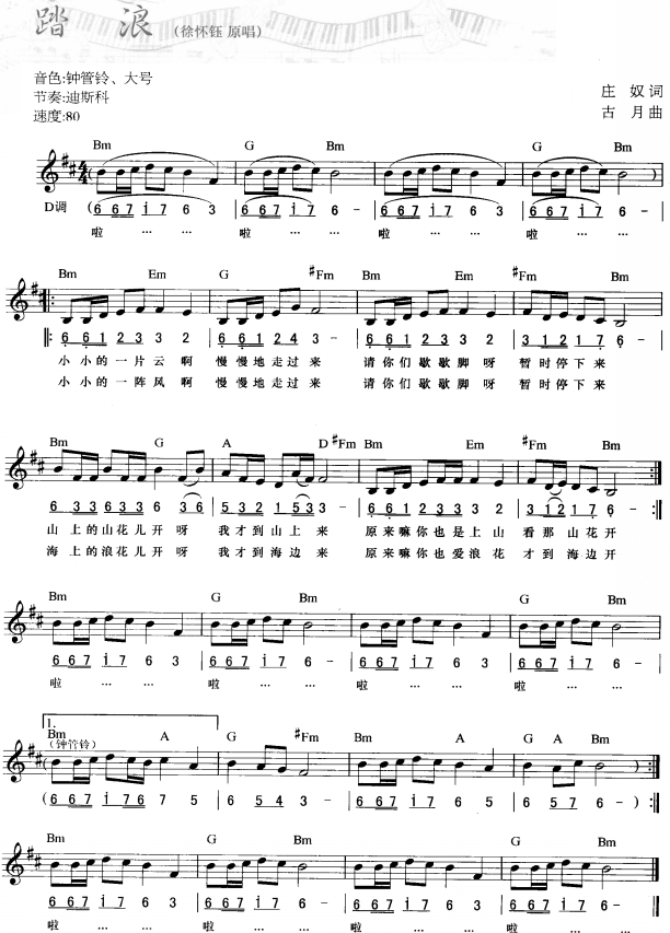 踏浪(简线弹唱)电子琴曲谱（图1）