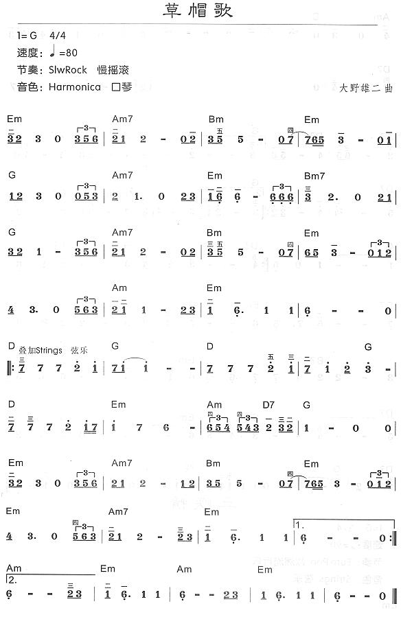 草帽歌电子琴曲谱（图1）