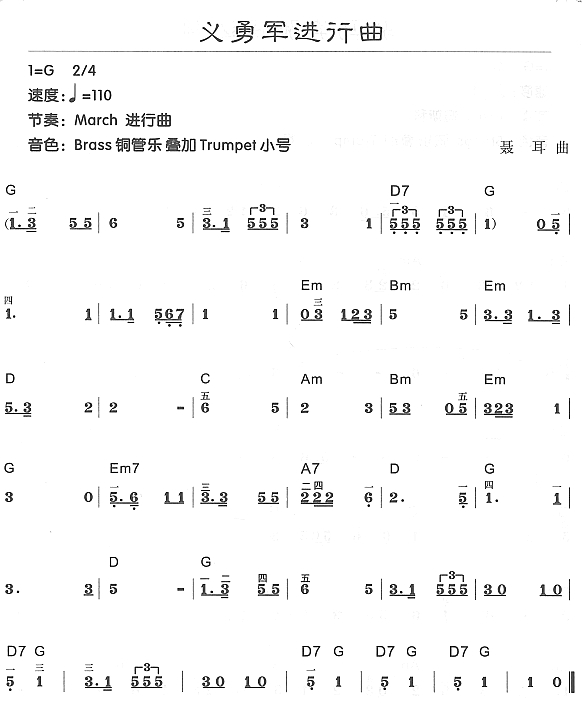 义勇军进行曲电子琴曲谱（图1）