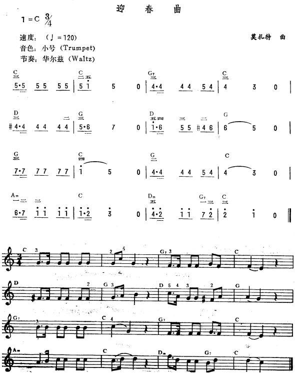 迎春曲（简线谱）电子琴曲谱（图1）