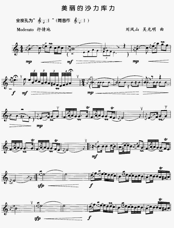 美丽的沙力库力（竖笛独奏）笛子（箫）曲谱（图1）