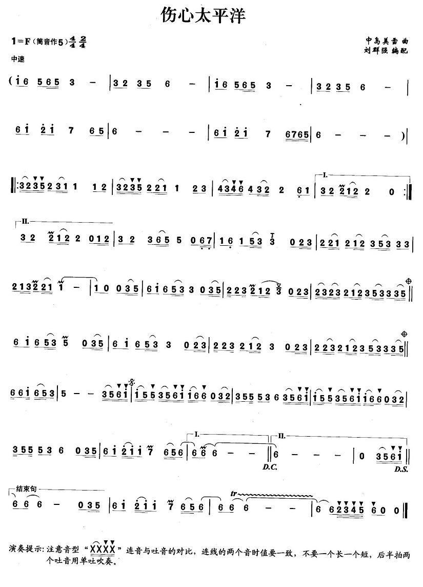 伤心太平洋笛子（箫）曲谱（图1）