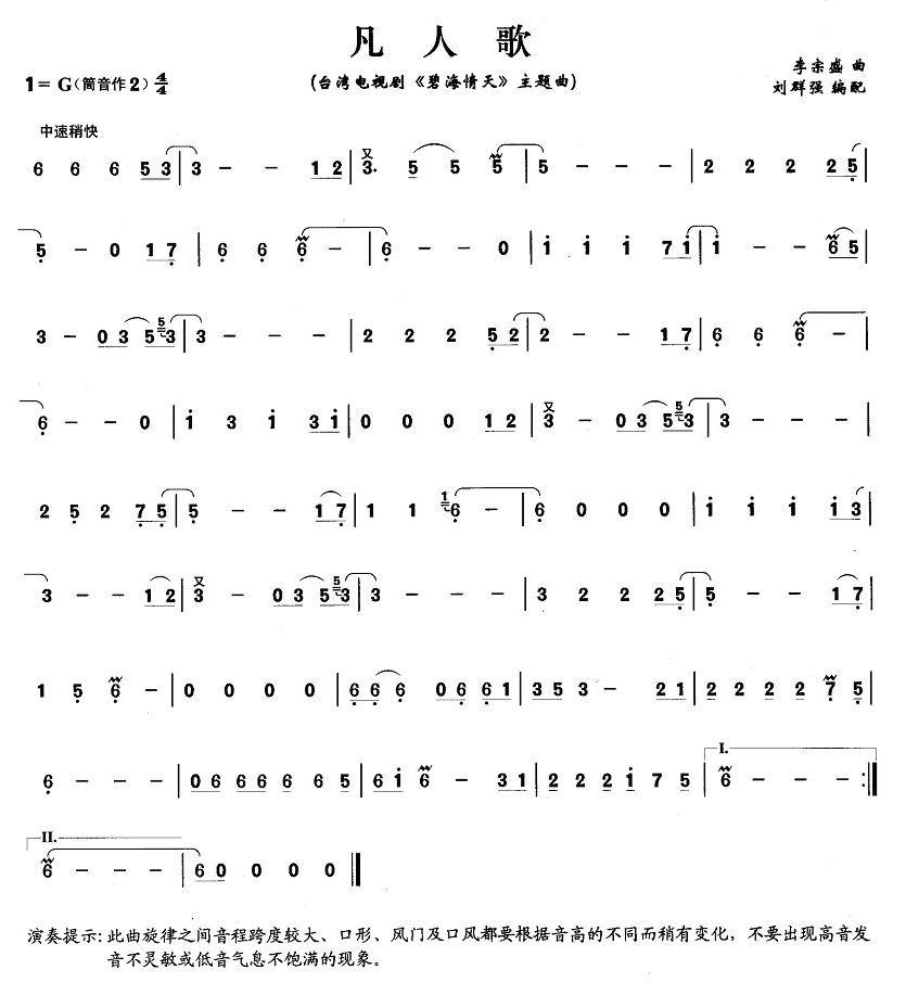 凡人歌笛子（箫）曲谱（图1）