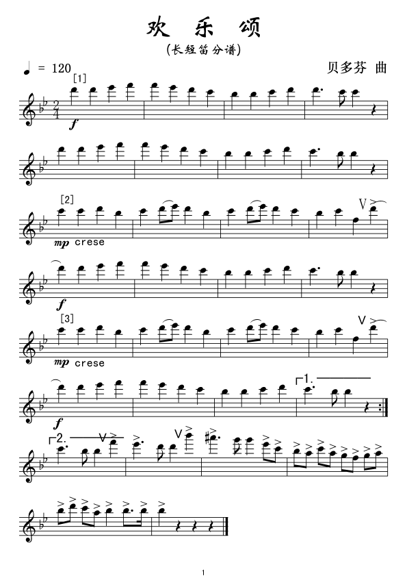 欢乐颂(军乐长短笛分谱)线谱笛子（箫）曲谱（图1）