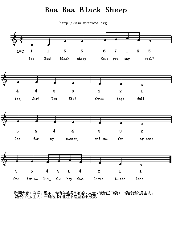Baa Baa Black Sheep钢琴曲谱（图1）