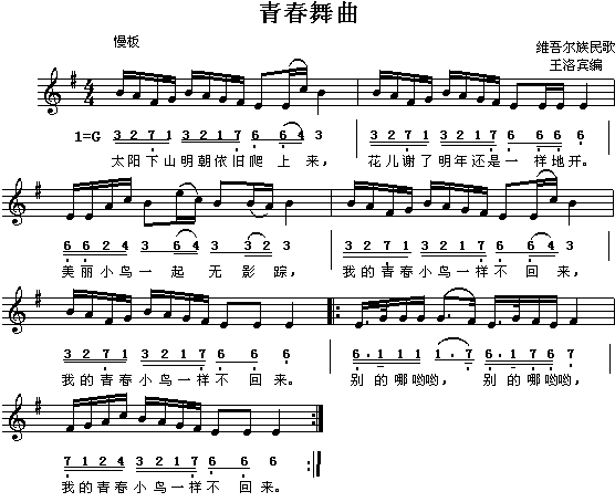 维吾尔族民歌：青春舞曲（简线对照）钢琴曲谱（图1）
