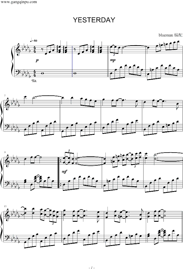 Yesterday -blueman版钢琴曲谱（图1）