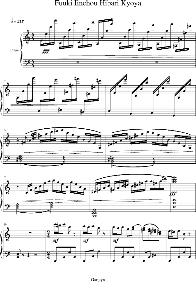 Fuuki Iinchou Hibari Kyoya钢琴曲谱（图1）