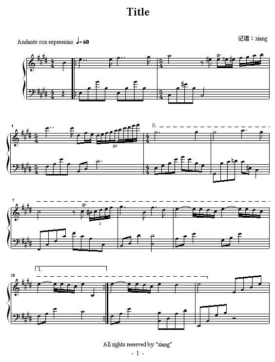 佐为在小光梦境中出现的钢琴曲钢琴曲谱（图1）
