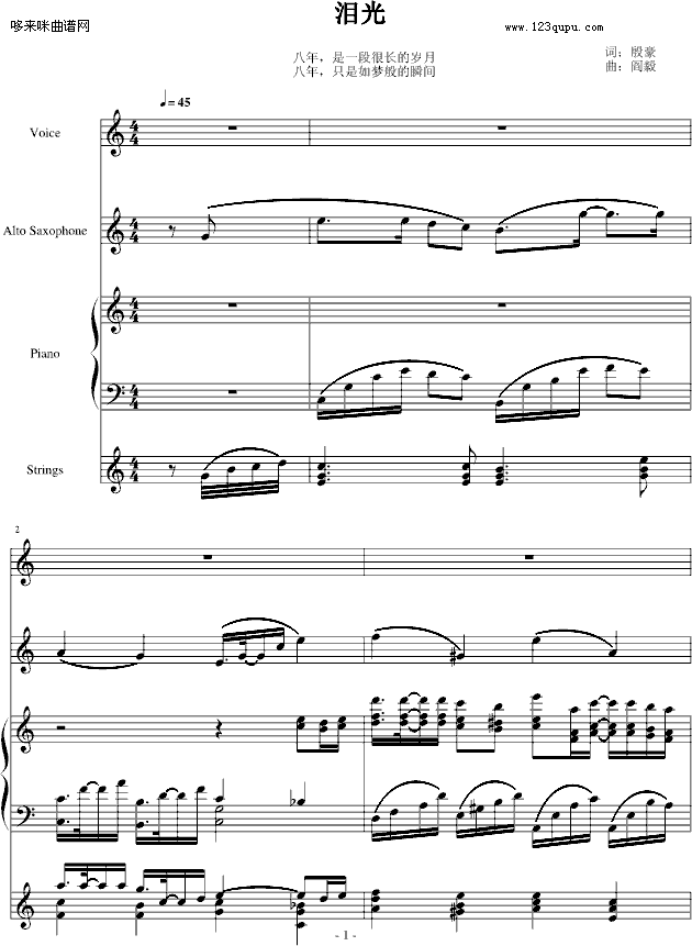 泪光-琴辉钢琴曲谱（图1）