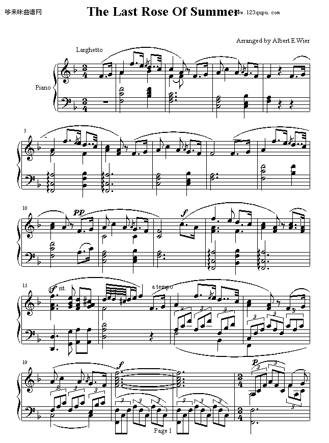 夏日最后一朵玫瑰-欧美日韩钢琴曲谱（图1）