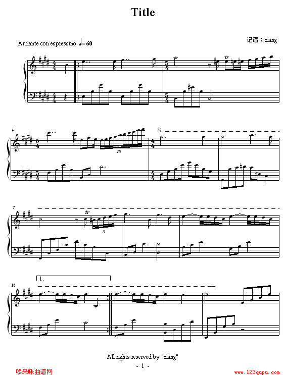 佐为在小光梦境中出现的钢琴曲钢琴曲谱（图1）