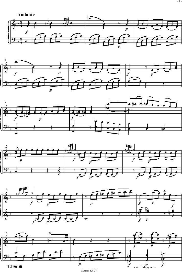 奏鸣曲 Sonatas K279 Mvt.2-莫扎特钢琴曲谱（图1）