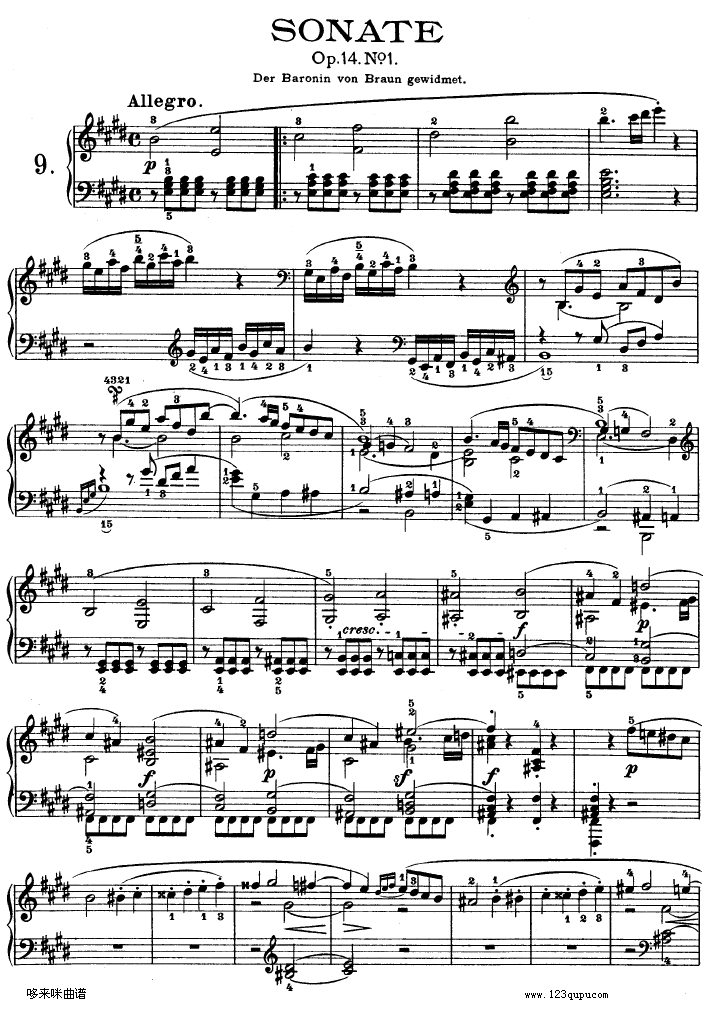 E大调第九钢琴奏鸣曲　Op. 14 No—1-贝多芬钢琴曲谱（图1）