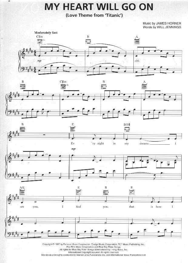 My Heart Will Go On－铁达尼号（影视线谱）[完整版]钢琴曲谱（图1）