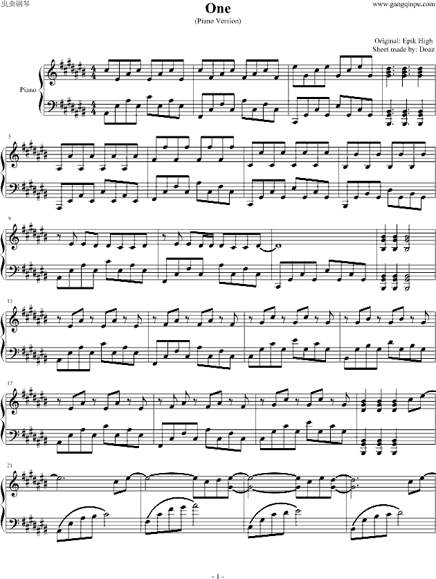 One钢琴曲谱（图1）