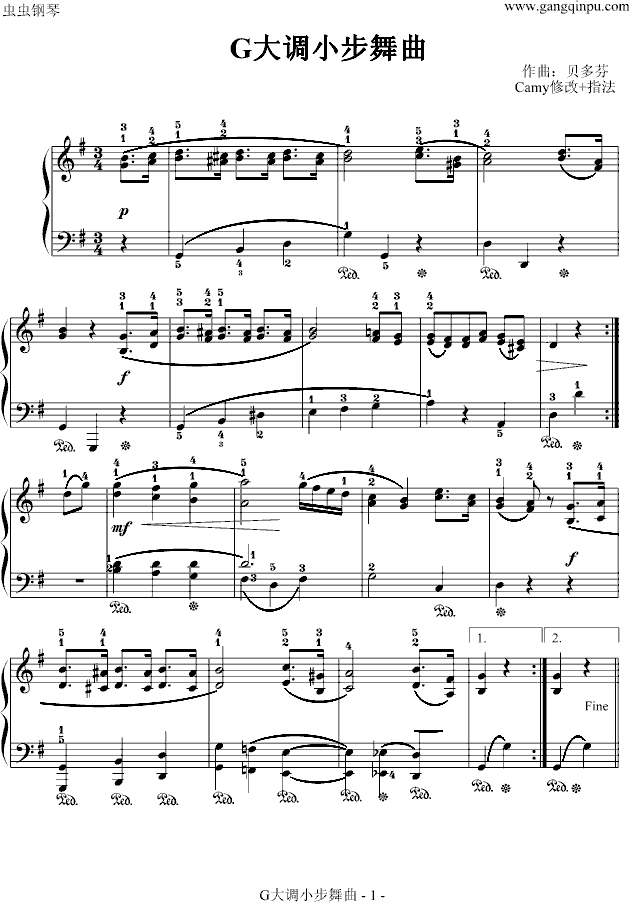 G大调小步舞曲-贝多芬-带指法钢琴曲谱（图1）