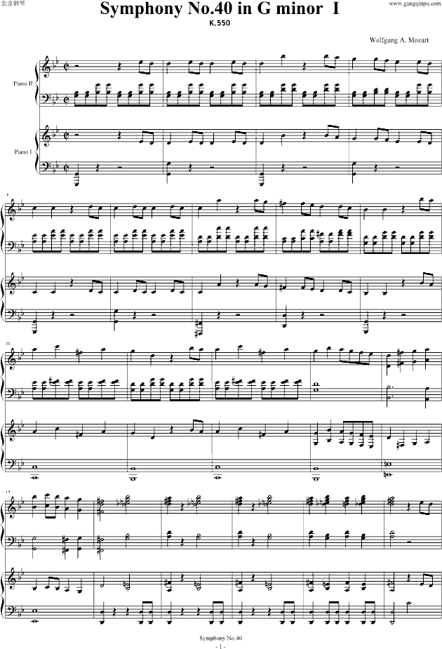 第四十号交响曲第一乐章-双钢琴钢琴曲谱（图1）