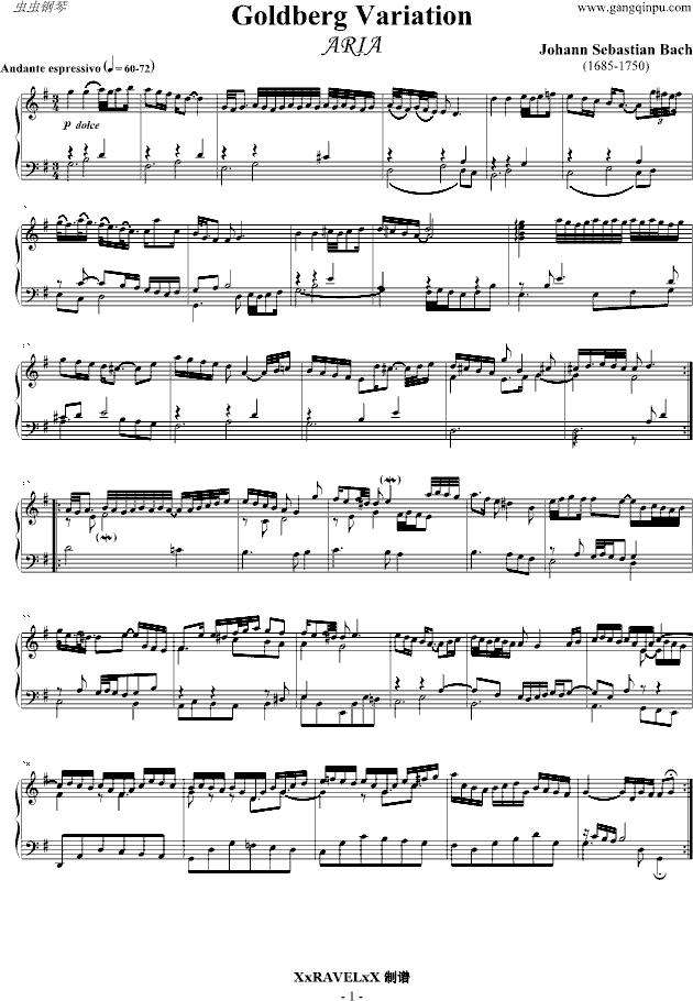 哥德堡变奏曲-ARIA(主题)钢琴曲谱（图1）