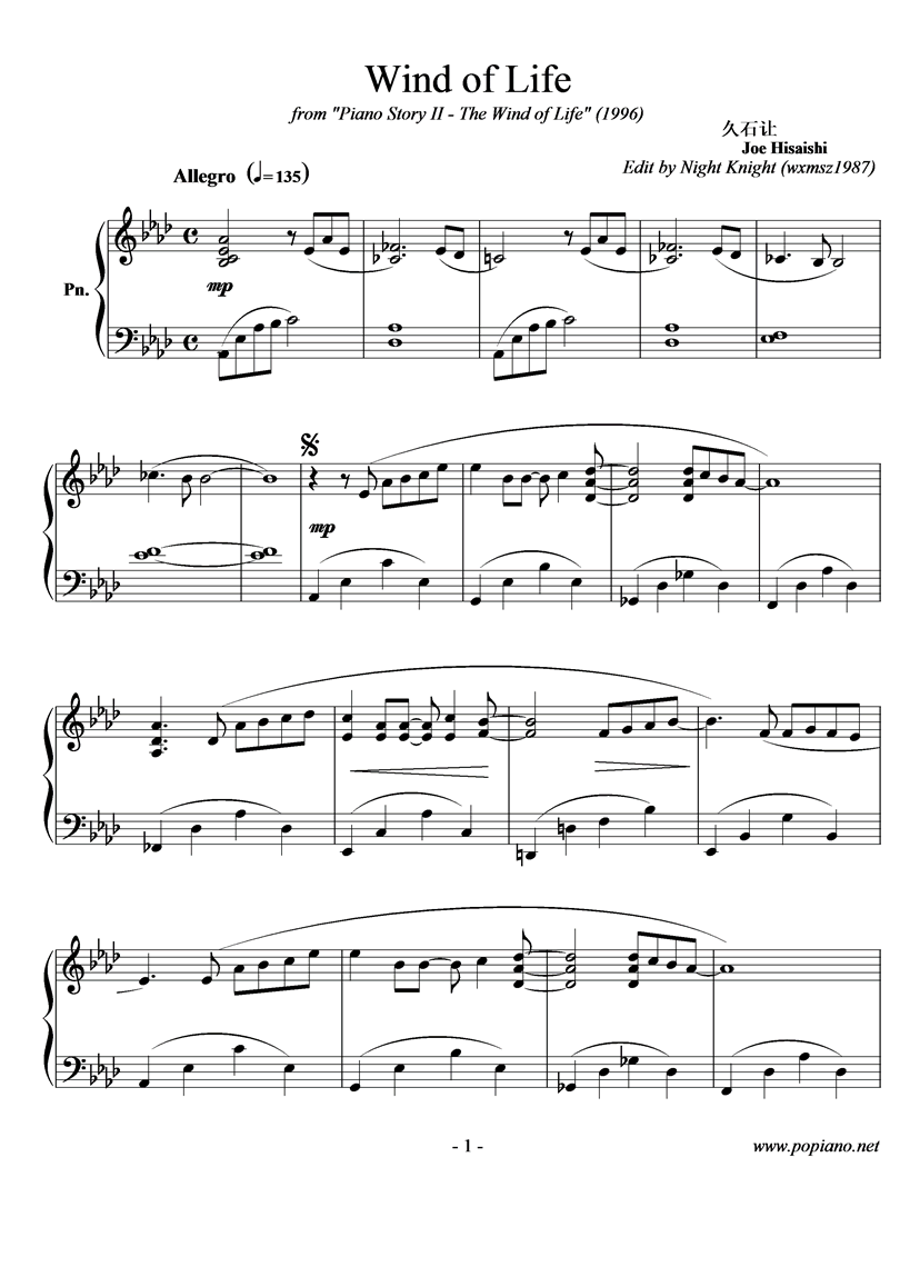 Wind of Life钢琴曲谱（图1）