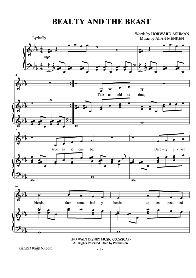 BEAUY AND THE BEAST钢琴曲谱（图1）