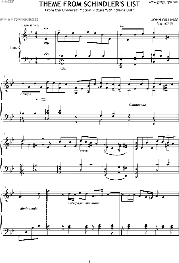 辛德勒的名单-(reprise)(钢琴,原版)钢琴曲谱（图1）