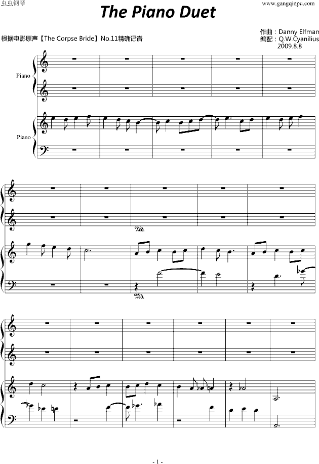 《僵尸新娘》中的四手联弹钢琴曲谱（图1）