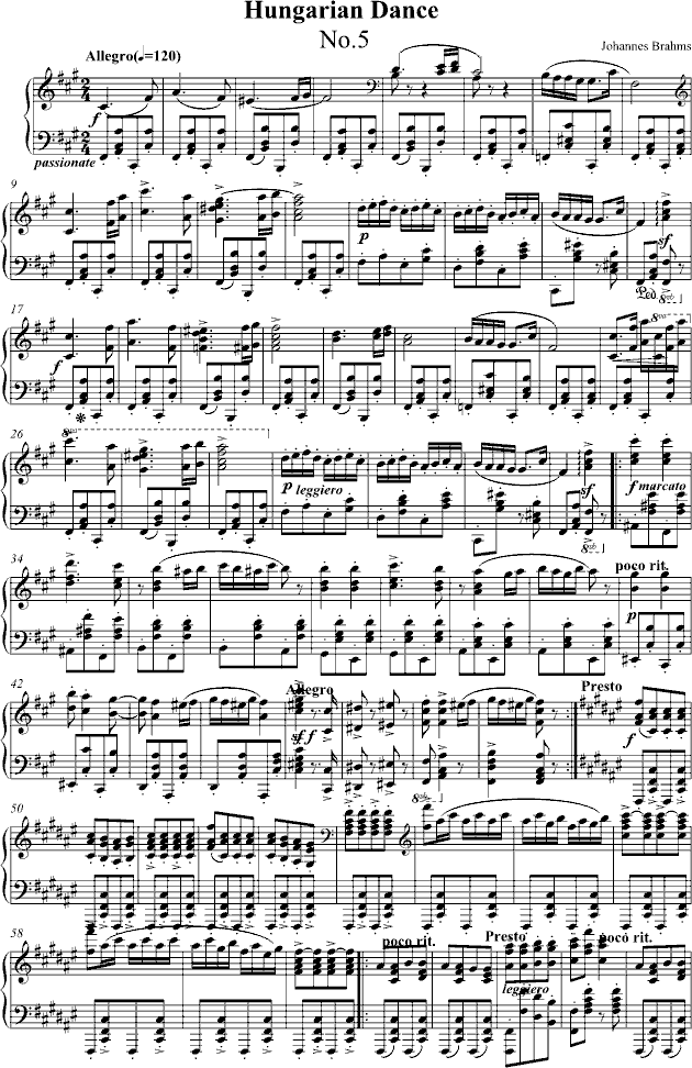 匈牙利舞曲第五号钢琴独奏版钢琴曲谱（图1）