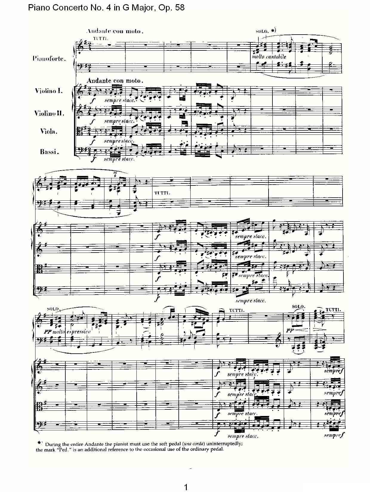 Ｇ大调钢琴第四协奏曲 Op.58 第二乐章钢琴曲谱（图1）
