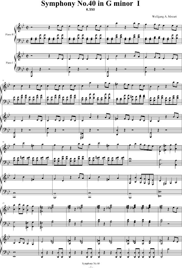 第四十号交响曲第一乐章（双钢琴）钢琴曲谱（图1）