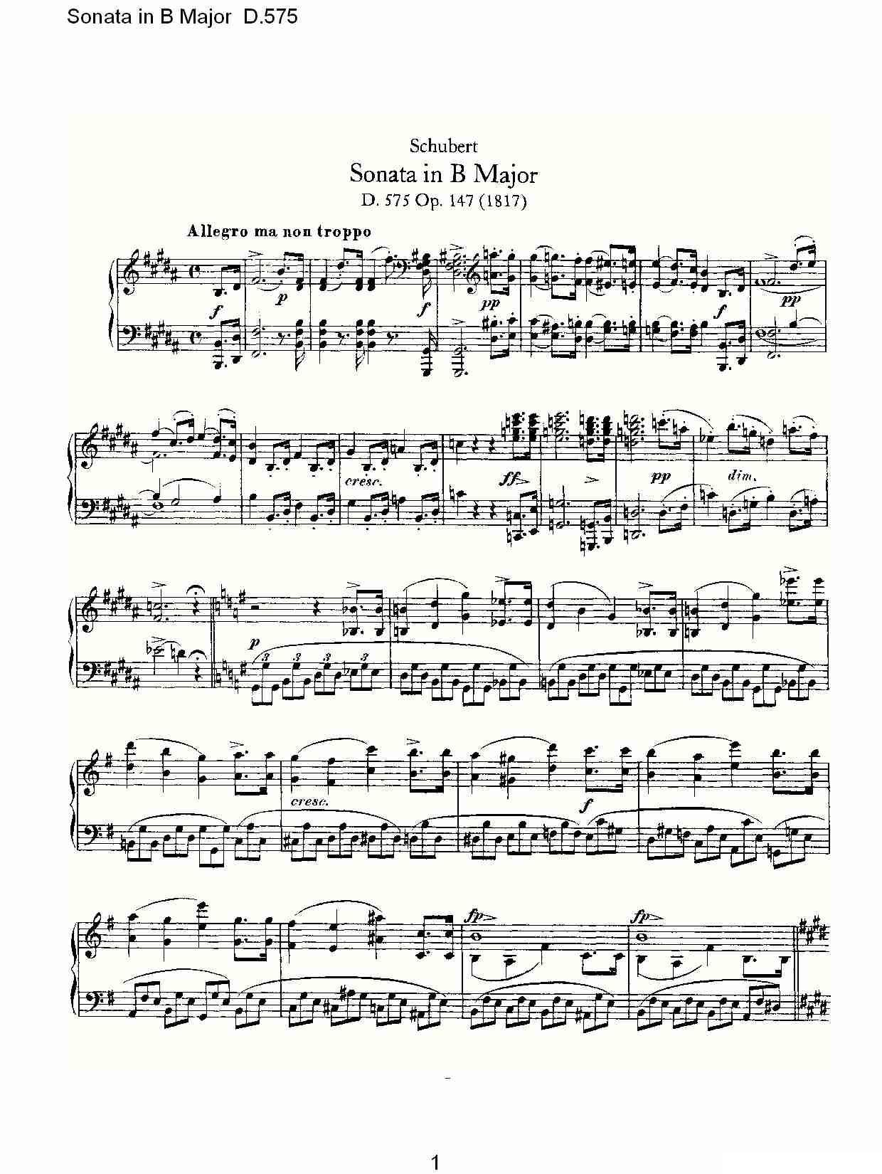 Sonata in B Major D.575（B大调奏鸣曲 D.575）钢琴曲谱（图1）