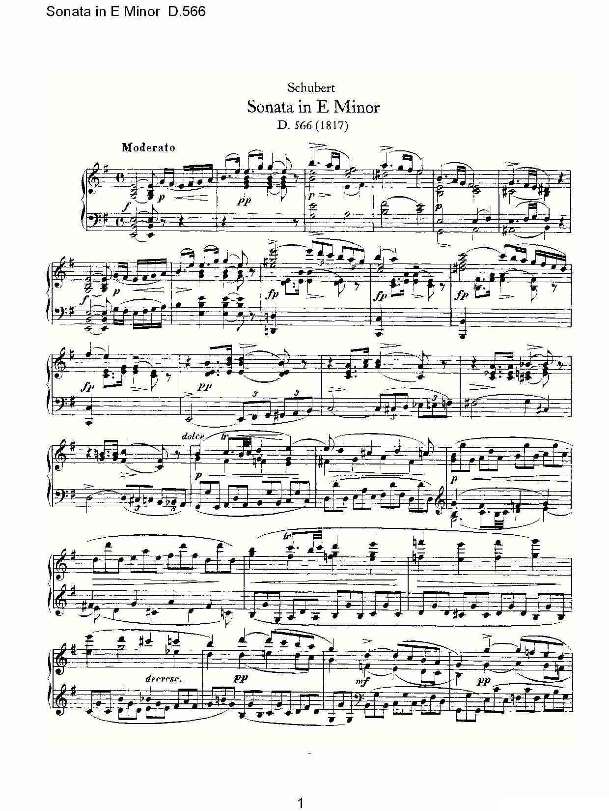 Sonata in E Minor D.566（E小调奏鸣曲 D.566）钢琴曲谱（图1）