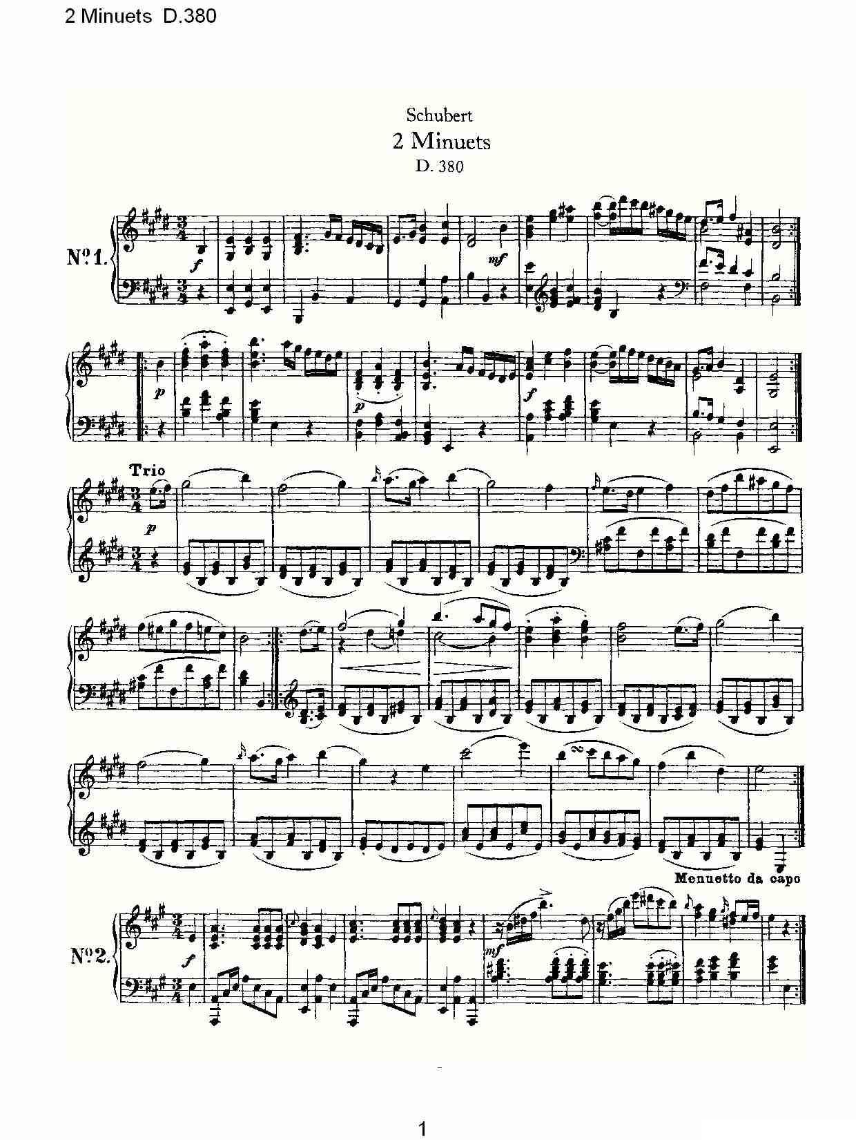 2 Minuets D.380（2 米奴哀小步舞曲 D.380）钢琴曲谱（图1）