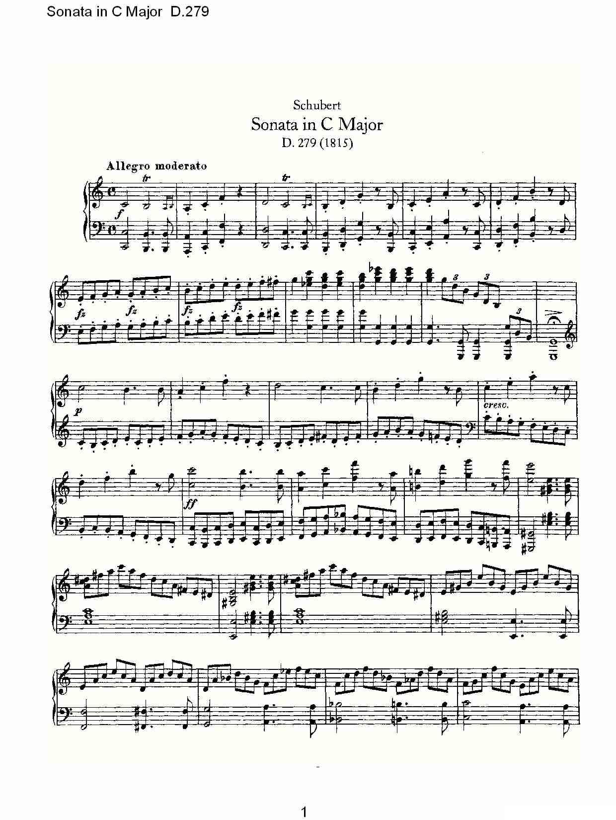 Sonata in C Major D.279（C大调奏鸣曲 D.279）钢琴曲谱（图1）