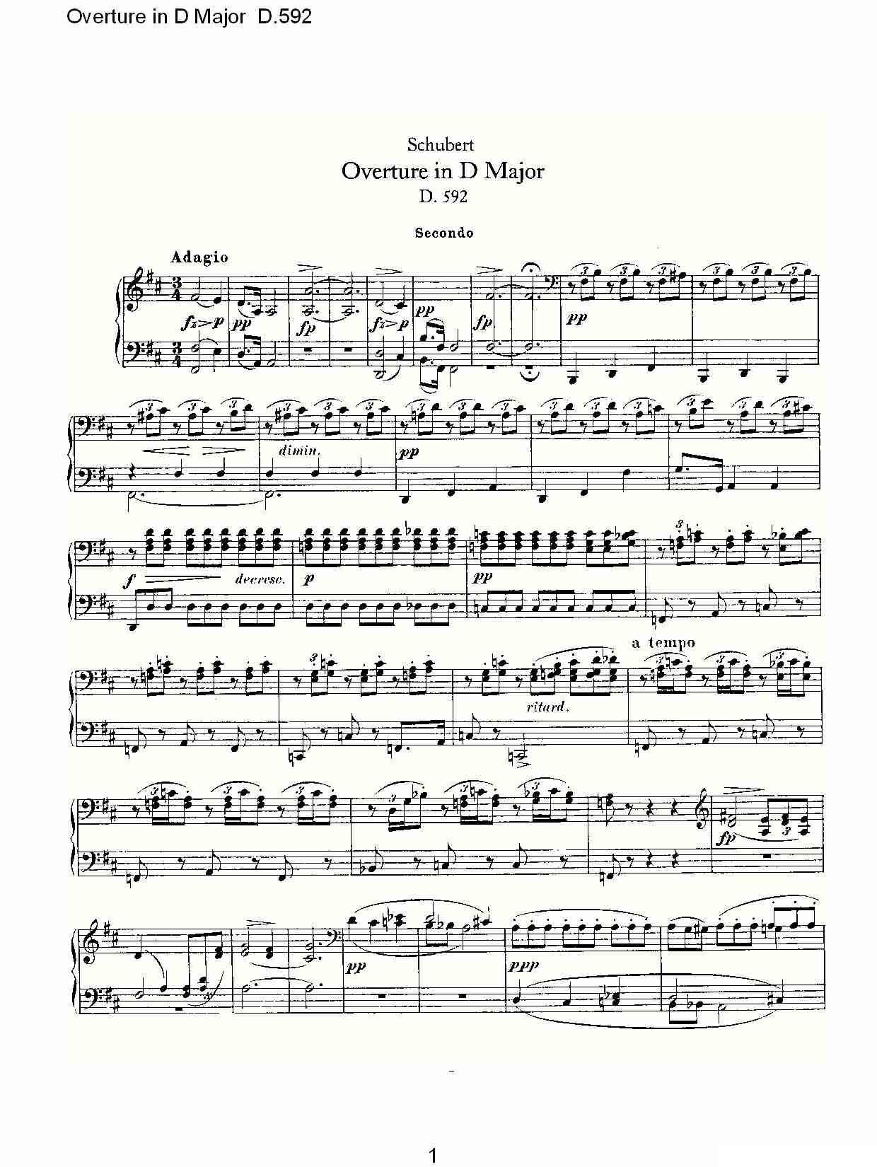 Overture in D Major D.592（Ｄ大调序曲 D.592）钢琴曲谱（图1）