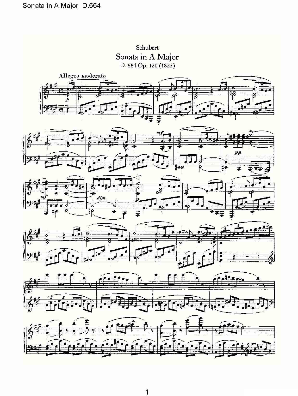 Sonata in A Major D.664（A大调奏鸣曲D.664）钢琴曲谱（图1）