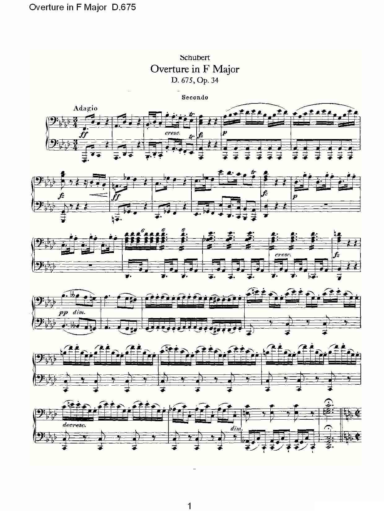 Overture in F Major D.675（Ｆ大调序曲 D.675）钢琴曲谱（图1）