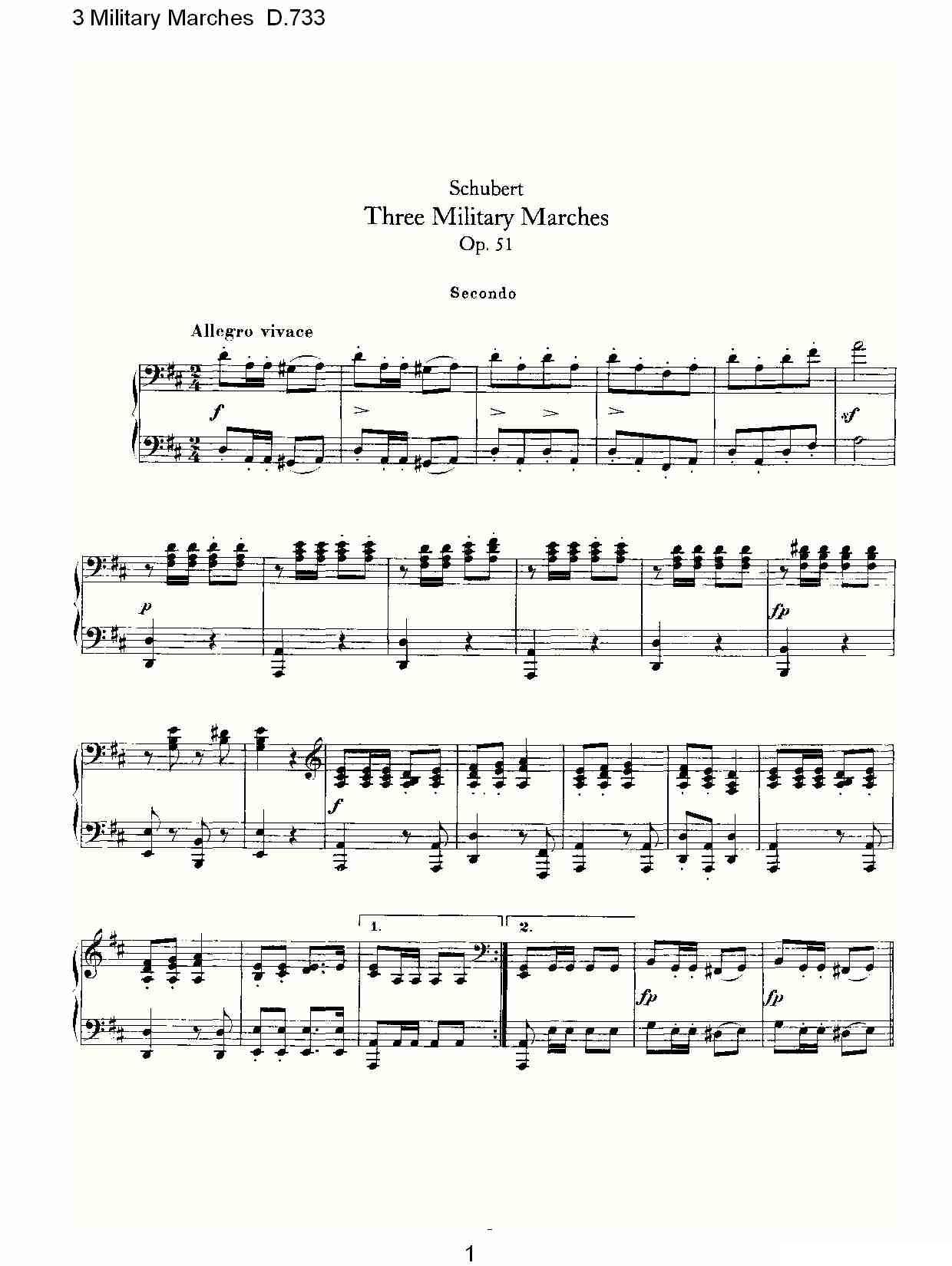 3 Military Marches D.733（3 士兵进行曲 D.733）钢琴曲谱（图1）