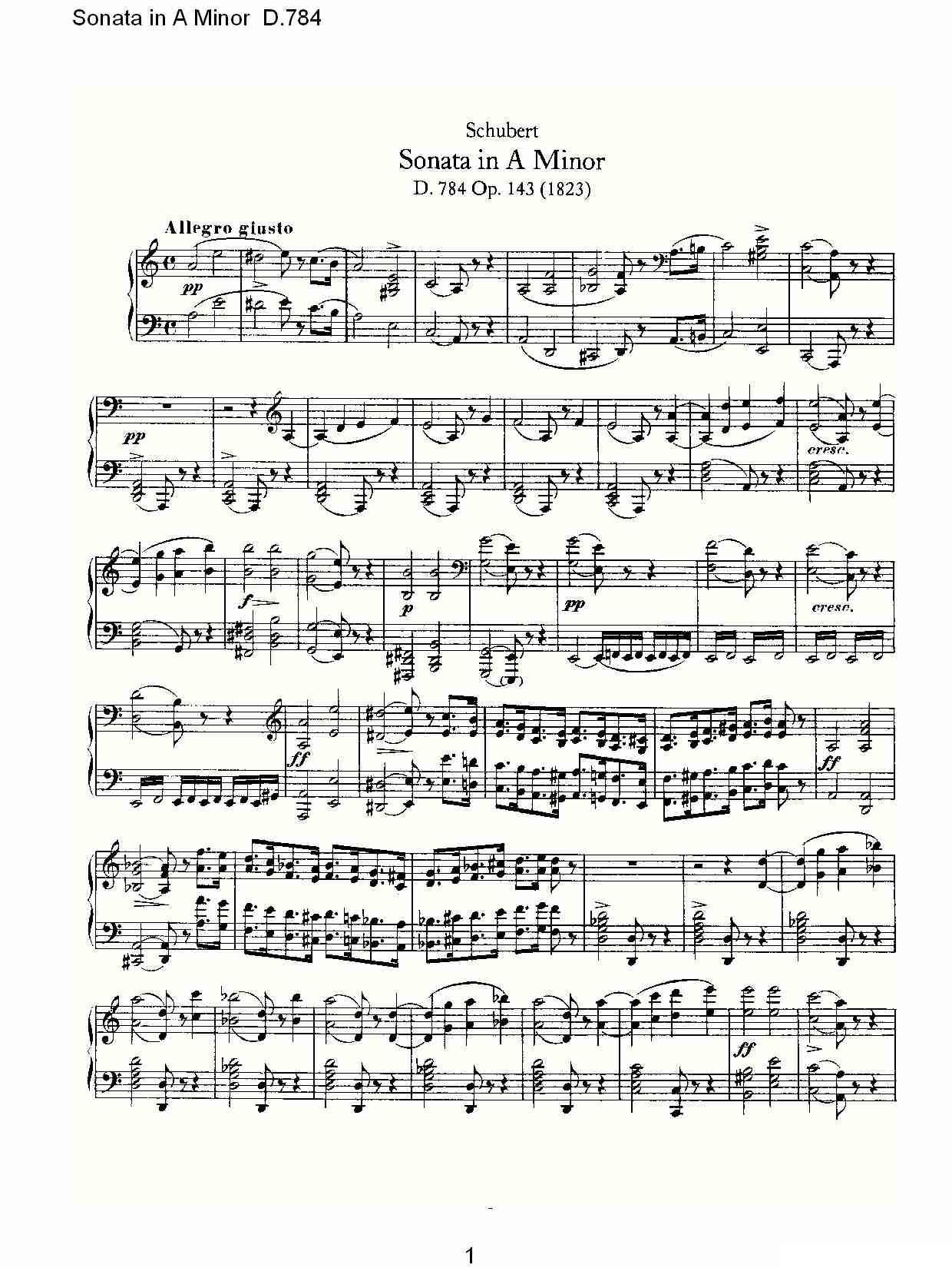 Sonata in A Minor D.784（A小调奏鸣曲D.784）钢琴曲谱（图1）