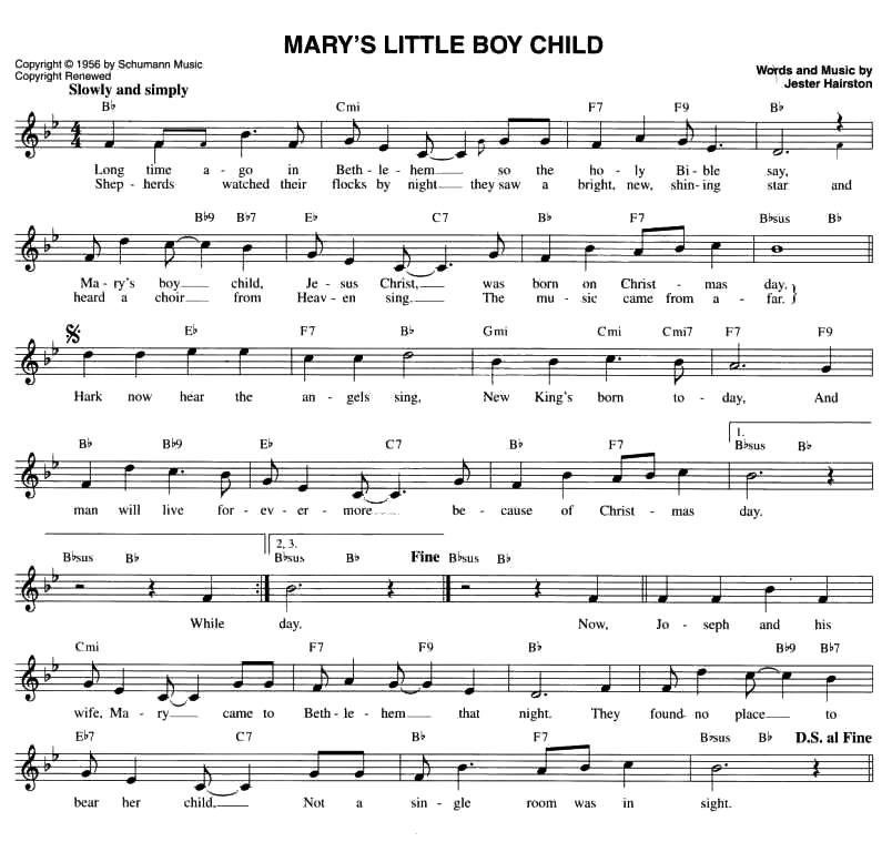 MARY'S LITTLE BOY CHILD（五线谱）钢琴曲谱（图1）