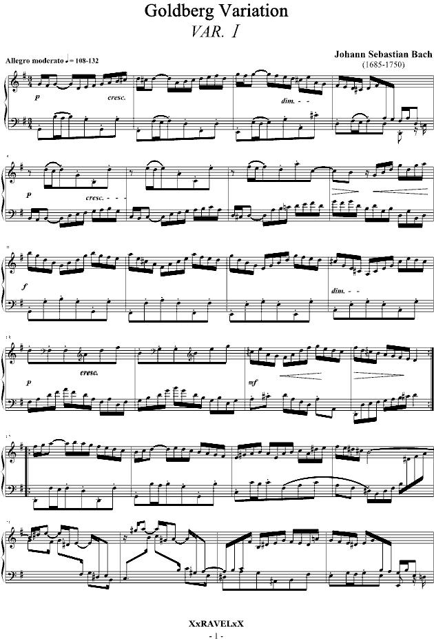 Goldberg Variation（哥德堡变奏曲-Var.1）钢琴曲谱（图1）