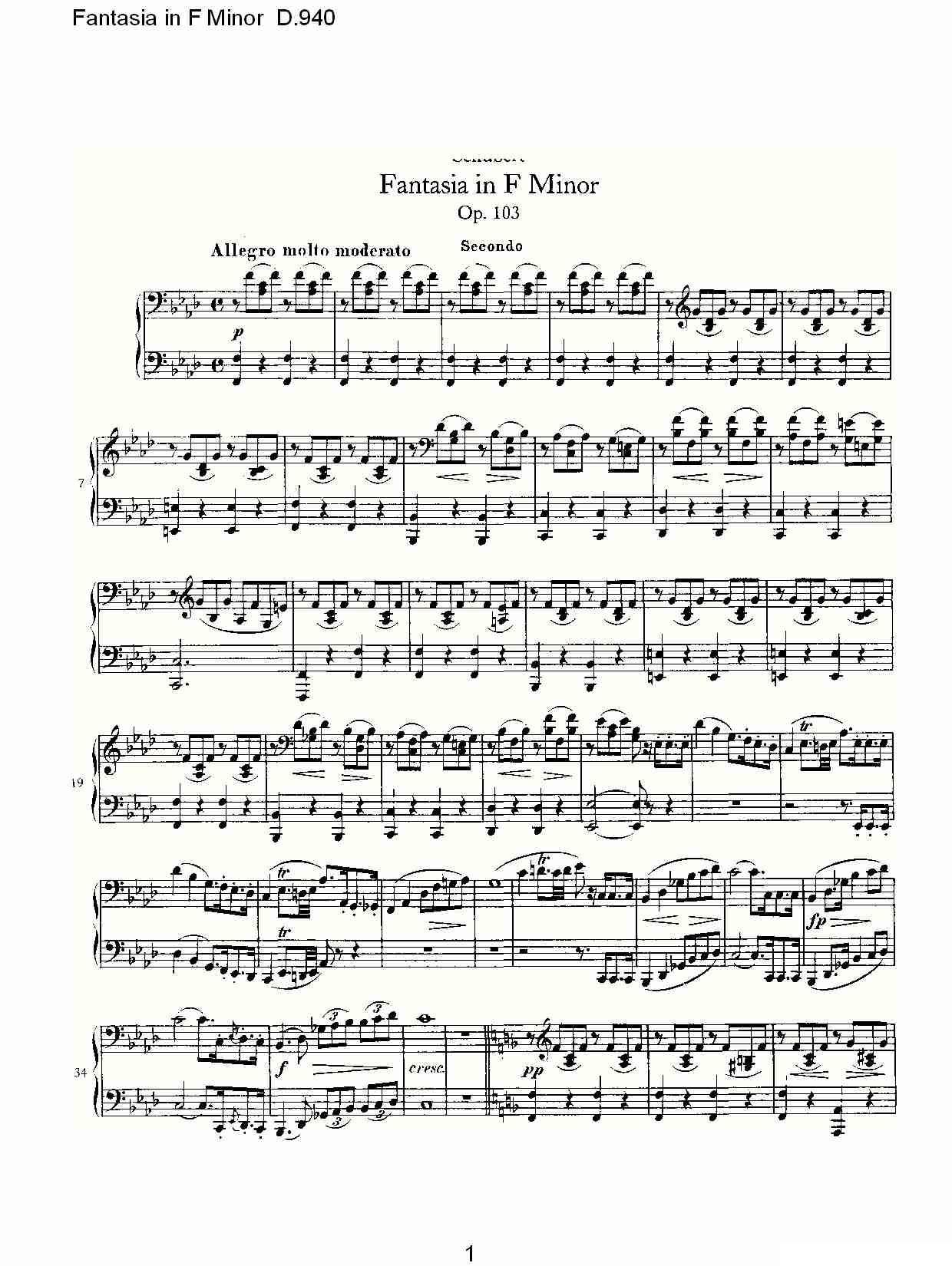 Fantasia in F Minor D.940（F小调幻想曲D.940）钢琴曲谱（图1）